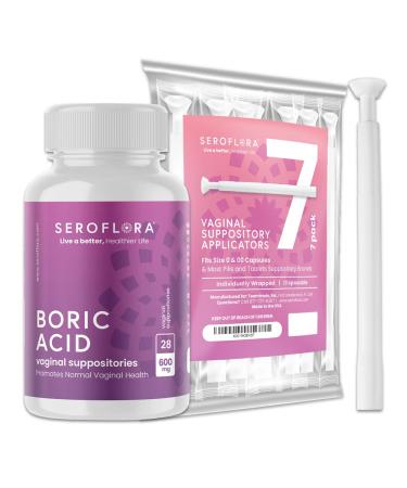 Seroflora Boric Acid Vaginal Suppositories for Women with Suppository Applicators - Boric Acid Pills Support Vaginal Odor Control - 28 Suppositories 7 Applicators