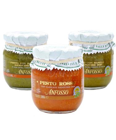 Olio Anfosso Tris Pesto with Genovese Basil PDO: Classic Garlic Free and Red 180g x 3