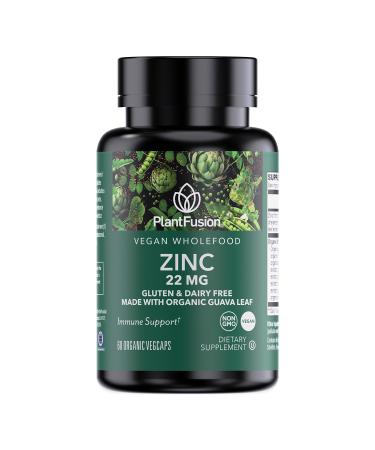 PlantFusion Vegan Zinc Supplements 22 mg Wholefood Complex Chelated Zinc Citrate from Organic Guava Leaf for Immune Support 60 Capsules