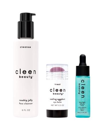 Cleen Beauty Everyday Skincare 3-Piece Set | Rosehip Jelly Face Cleanser  Cooling Eggplant Eye Balm  & Blue Light Defense Serum Set | Paraben Free | Skincare Products for Face