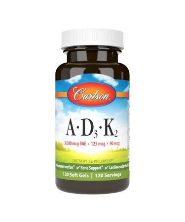 Carlson - Vitamins A D3 K2 3000 mcg RAE Vitamin A 125 mcg Vitamin D3 90 mcg Vitamin K2 as MK-7 Bone Building Calcium Utilization 120 Soft Gels 120 Count (Pack of 1)