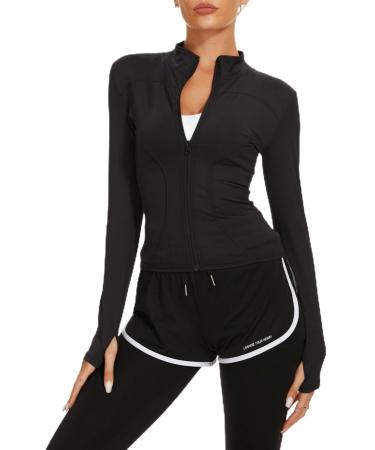 Kiiwah running jacket women sports jacket women thin tight running jacket women training jacket running jacket women gym jacket women breathable thumb hole sport tops xl black