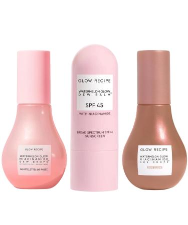 Glow Recipe Watermelon Daytime Trio - Watermelon Glow SPF Dew Balm Sunscreen (0.58 oz) + Niacinamide Dew Drops Serum with Hyaluronic Acid (40ml) + Hue Drops Tinted Serum Bronzer & Highlighter (40 ml)