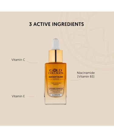 GOLD COLLAGEN Instant Glow - Vitamin C Vitamin E Glycerine & Niacinamide Serum for Skincare Pore Minimizer & Moisturiser - Anti Aging Face Serum Against Wrinkles Triple Antioxidant Action 30 ml - Buy Online on GoSupps.com