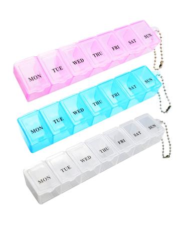 3Pcs Pill Box Portable Pill Organiser Travel Tablet Box 7 Days Tablet Organiser with Compartments for Medication Supplements Vitamins and Cod Liver Oil(Pink White and Blue)
