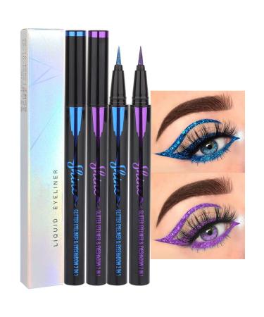 evpct 2Pcs Glitter Sparkle Shimmer Royal Blue & Purple Liquid Eyeliner Makeup Pen Set Metallic Satin Finish Colorful Colored Sparkle Eye Liner Pen Waterproof Smudge Proof Long Lasting High Pigmented 2 Count (Pack of 1) Blue & Purple