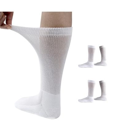 Fibye Extra Wide Socks for Swollen Feet 2022 Updated 2 Pairs Diabetic Socks Edema Neuropathy Socks Non-Binding Loose Fit Socks for Men & Women (White) Whiet Medium
