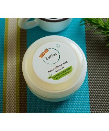 BeNat. VEGAN Artisanal Natural Deodorant Cream. Tea Tree & Rosemary. Simple Safe and Effective. Fewer all-natural ingredients that really work! VEGAN. Tea Tree & Rosemary