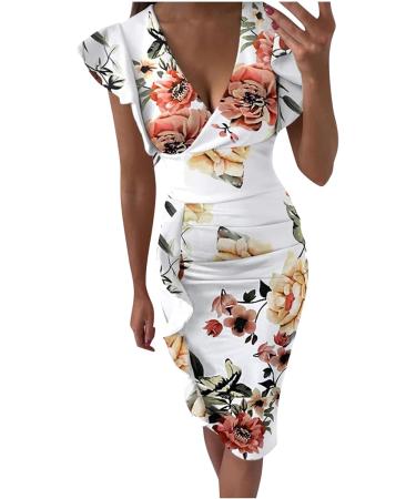 Briskorry Women's V-Neck Floral Business Dress - Elegant Summer Bustier Ruffled Hem Vintage Party Wear in XXL Khaki - Buy Online on GoSupps.com