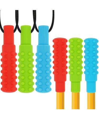 Sensory chew necklace pencil topper set (6 Pack) silicone chew stick autism kieletzeiten for children boys and girls oral sensory engine AIDS (blue green red) iron hat - 6 -person pack