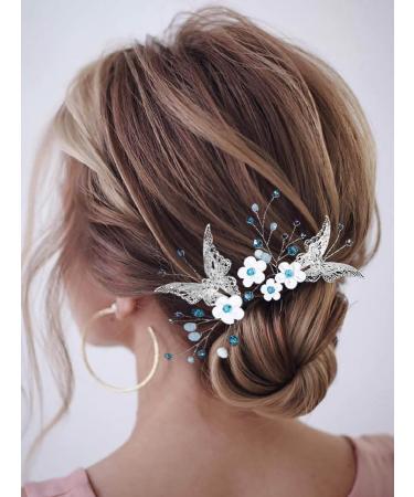 Earent Bride Wedding Flower Hair Pins Butterfly Hair Accessories Bridal Hair Piece Blue Beads Headpiece for Women and Girls(Pack of 2)