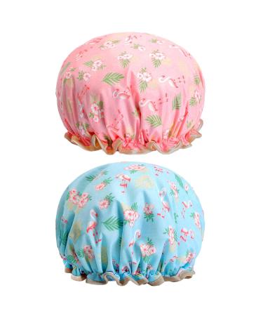 2 Pcs Bath Caps Elastic Band Double Layers Waterproof Shower Caps With Ruffled Edge Covering Ears Keeping Hair Dry Kitchen Oil-proof Cap for Girls and Women flamingo