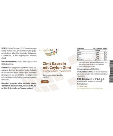 Vita World Pack of 3 Cinnamon 500mg plus 3 x 100 Capsules Made in Germany - Buy Online on GoSupps.com