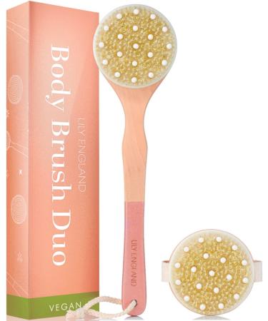 Vegan Dry Brushing Body Brush and Back Scrubber - Easy to Use 2 Pack Set for Radiant Skin - Exfoliating Body Scrubber for Cellulite and Lymphatic Drainage. Dry Body Brush with Handle by Lily England