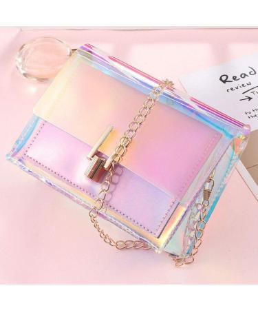 Acxico Pink Transparent Handbag with Colorful Chain - Rainbow Laser Purses - Clear Jelly Mini Bag - Buy Online on GoSupps.com