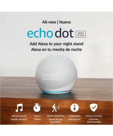 All-New Echo Dot (5th Gen, 2022 release) with clock | International Version with US Power Adaptor | Smart speaker with clock and Alexa | Glacier White