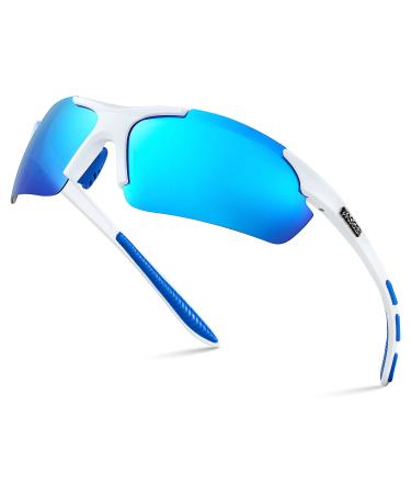 Xagger Polarized Wrap Around Sport Sunglasses for Men Women UV400 Lightweight Sports Glasses Matte White | Ice Blue Mirror