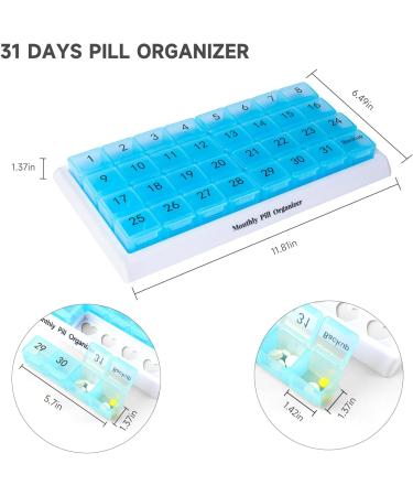 31-Day Pill Organizer - Large 4-Day Pill Box with Travel Case for Vitamins & Supplements | Blue - Buy Online on GoSupps.com