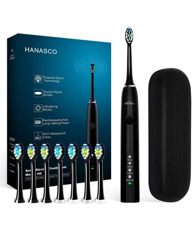 Hanasco Sonic Electric Toothbrush Rechargeable for Adults, 4 Modes with Build in 2 Mins Timer, 8 Brush Heads Included, Whitening Clean 4 Hours Charge for 100 Days Use, Soft Bristles, 38,000 VPM Black