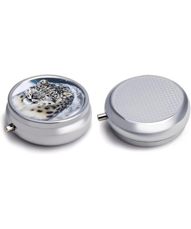 Round Blue Eyed Snow Leopard Print Pill Box | 3 Compartment Portable Pill Organizer | Decorative Metal Pocket Medicine Case - Buy Online on GoSupps.com