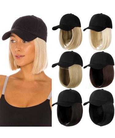 Qlenkay Baseball Cap with Hair Extensions Straight Short Bob Hairstyle Adjustable Removable Wig Hat 14inch for Woman Girl Ash Blonde Mix Bleach Blonde 14 Inch (Pack of 1) Ash Blonde Mix Bleach Blonde-Straight Hair