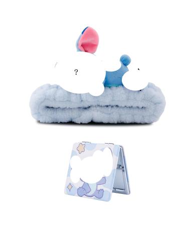 IHLOOTD Hair Band Cosmetic Blue Cartoon Headband Skincare Headband Makeup for Skin Care Makeup Face Washing (Folding Mirror)