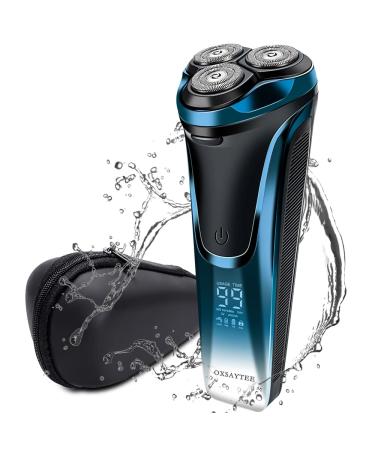 Electric Shaver for Men, USB Rechargeable Cordless Rotary Razor w/ LCD Display Pop-up Sideburn Trimmer, IPX7 Waterproof Wet Dry Shaver for Beard Face Hair, 100-240V Worldwide Travel Gift for Men Him Blue & White