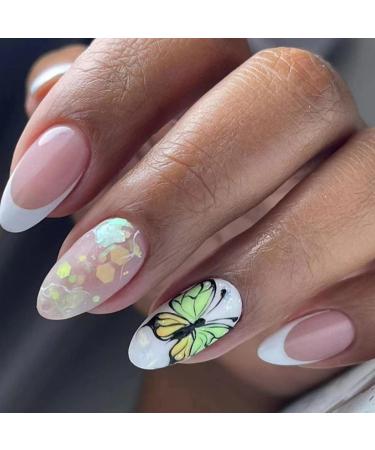 JUSTOTRY 24 Pcs Butterfly Almond Short False Nails White French Press on Nails Pattern Striped Fake Nails Short with Nail Glue Oval Medium Stick on Nails for Women Nails Fake Nail for Nails Art white& Butterfly1
