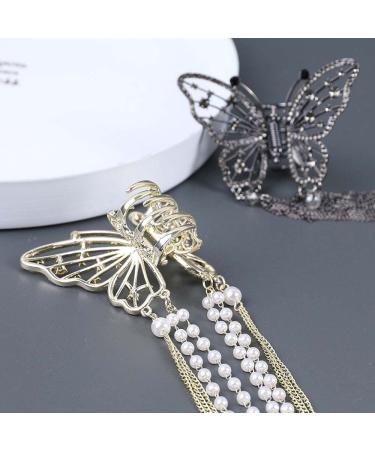 2Pcs Rhinestone Butterfly Hair Clips - Gold & Black | Strong Hold Hair Jaw Clips | French Hair Accessories with Tassel Design - Buy Online on GoSupps.com