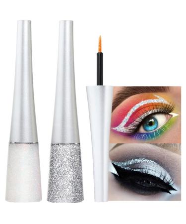 evpct 2Pcs Pearl White Silver Color Liquid Glitter Eyeliner Sets Eyeliner Glitter Liquid Liners for Women Liquid Sparkly Glitter Eyeliner delineador con glitter de colores para ojos colores 09+10 Pearl White & Silver
