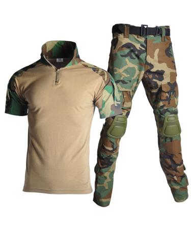 Men's Military T-Shirt + Cargo Pants with Knee Pads Clothes Set Large Woodland