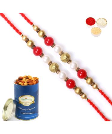 Ghasitaram Gifts Rakhi for Brother Rakhis Online -Set of 2-7615 Pearl Rakhi for My Brother with 100 GMS of Dryfruits Mix Can 2 Rakhi with 100 gms of Dryfruits Mix Can