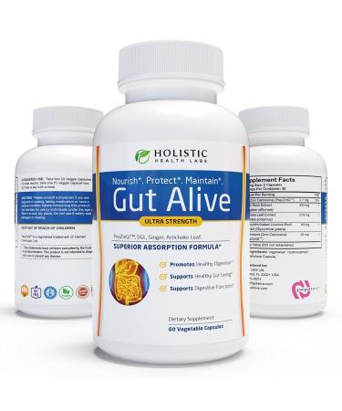 Gut Alive For Restoring Gut Lining - All Natural Support to Fight Leaky Gut, IBS, Heartburn, Acid Indigestion, Acid Reflux, Bloating & Gas. Unique Formulation. 60 Capsules.