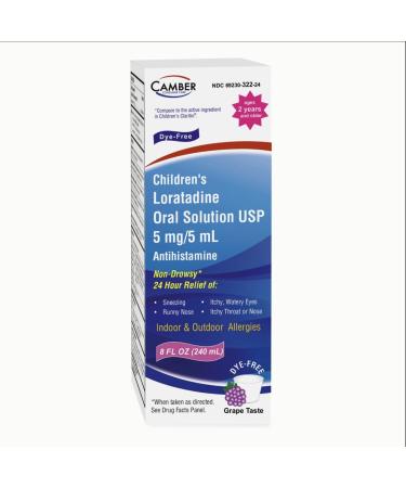 Camber Children s Allergy Medicine Dye-Free Non-Drowsy 24h Relief of Sneezing Runny Nose Itchy Watery Eyes Itchy Throat or Nose Indoor & Outdoor Allergies Grape Flavor