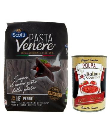 Italian Gourmet E.R. Riso Scotti Pasta Venere Penne Rigate Pasta made from durum wheat semolina and wholegrain Venere black rice flour 400g + 400g box