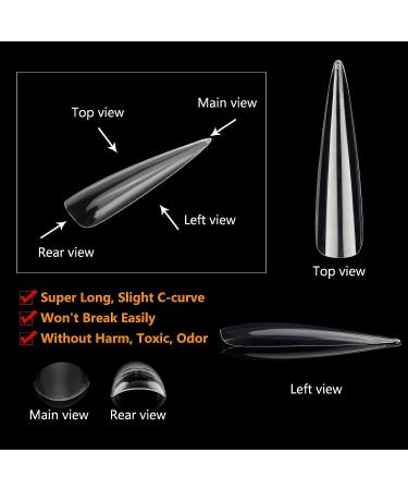 360Pcs Clear XXXL Stiletto Acrylic Nail Tips - Professional Full Cover Fake Nails - Nail Extension Kit for Salon & Home DIY Nail Art - 12 Sizes - Buy Online on GoSupps.com
