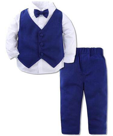 mintgreen Baby Boys Gentleman Suit Set Long Sleeve Shirt with Bowtie + Waistcoat + Pants Size: 1-4 Years Solid Blue 3-4 Years