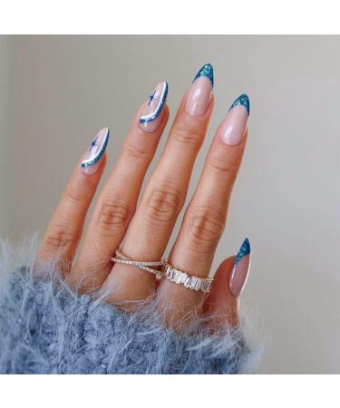 Sethexy abstract almond shape false nails french press on nails swirl fingernails 24st acrylic nails to stick on for women and girls blue4