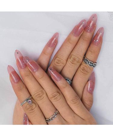 Sethexy Shiny Oval False Nails Long Nude Pink Sparkle False Fingernails 24pcs Acrylic Art Nail Tips for Women and Girls