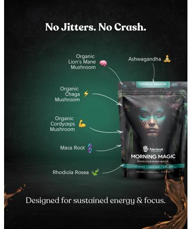 Ancient Extracts Decaf Mushroom Coffee Alternative | Caffeine-Free Blend of Mushrooms and Root Extracts | Lions Mane, Chaga, Cordyceps, Ashwagandha, Maca Root | 240g - Buy Online on GoSupps.com