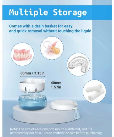 Denture Bath Case with Leak Proof Portable Cup | Denture Cleaning Kit with Brush, Carabiner, Strainer & Mirror | Blue Retainer Case for Aligner, Mouth Guard - Buy Online on GoSupps.com