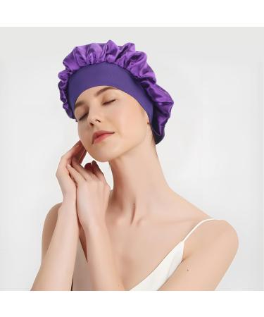 BisiVio 2 Pack Satin Sleeping Bonnet Silk Hair Curly Cap Set - Black & Purple | Adjustable Night Head Scarf for Men and Women - Buy Online on GoSupps.com