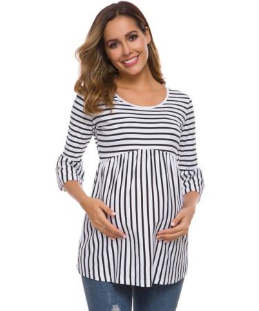 Love2Mi Women Maternity Blouse | A-Line Pregnancy Shirt | 3/4 Bell-Sleeve | S White Black Stripe - Buy Online on GoSupps.com