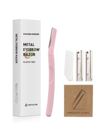 Metal Eyebrow Razors Eye Brow Trimmer for Women Face - Dermaplaning Tool Professional Shaper with Comfortable Handle and Two Free Replacement Blades (Pink)