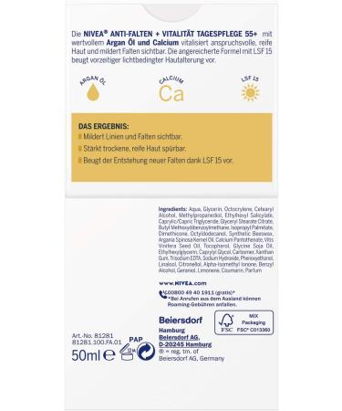 NIVEA Anti-Wrinkle + Vitality Day Cream SPF 15 55+ (50 ml) Face Cream with Argan Oil and Calcium Day Cream Visibly Reduces Lines and Wrinkles - Buy Online on GoSupps.com