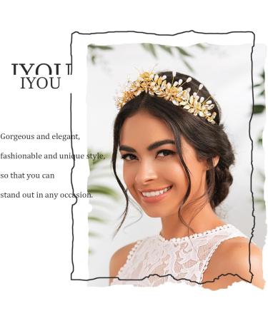 IYOU Bridal Wedding Headband Crown Gold Leaf Hair Bands Tiara Pearl Crystal Bridesmaid Bride Hair Accessories for Women - Buy Online on GoSupps.com