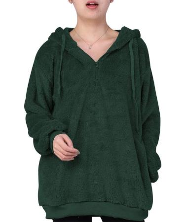 Bigfanshu Women's New Fleece Hoodies Long Sleeve Hooded Pullover Sweatshirt Autumn Winter Warm Zipper Pocket Fur Coat Green - Buy Online on GoSupps.com