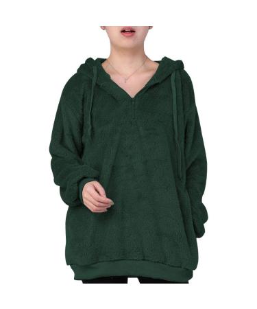 Bigfanshu Women's New Fleece Hoodies Long Sleeve Hooded Pullover Sweatshirt Autumn Winter Warm Zipper Pocket Fur Coat Green