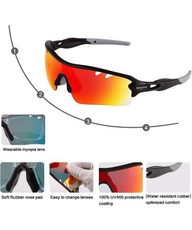 Polarized Sports Sunglasses for Men and Women with 5 Interchangeable Lenses - Ideal for Cycling, Running, Baseball, Golf, and Driving - Black/Gray - Buy Online on GoSupps.com