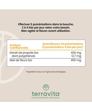 Spray Propolis Bio | 20 ml | Apaise la Gorge | Extrait de Propolis Large Spectre concentr en Polyph nols et Enrichi en Miel Bio | Immunit Enfant et Adulte | Sans Alcool | Made in France | Terravita - Buy Online on GoSupps.com